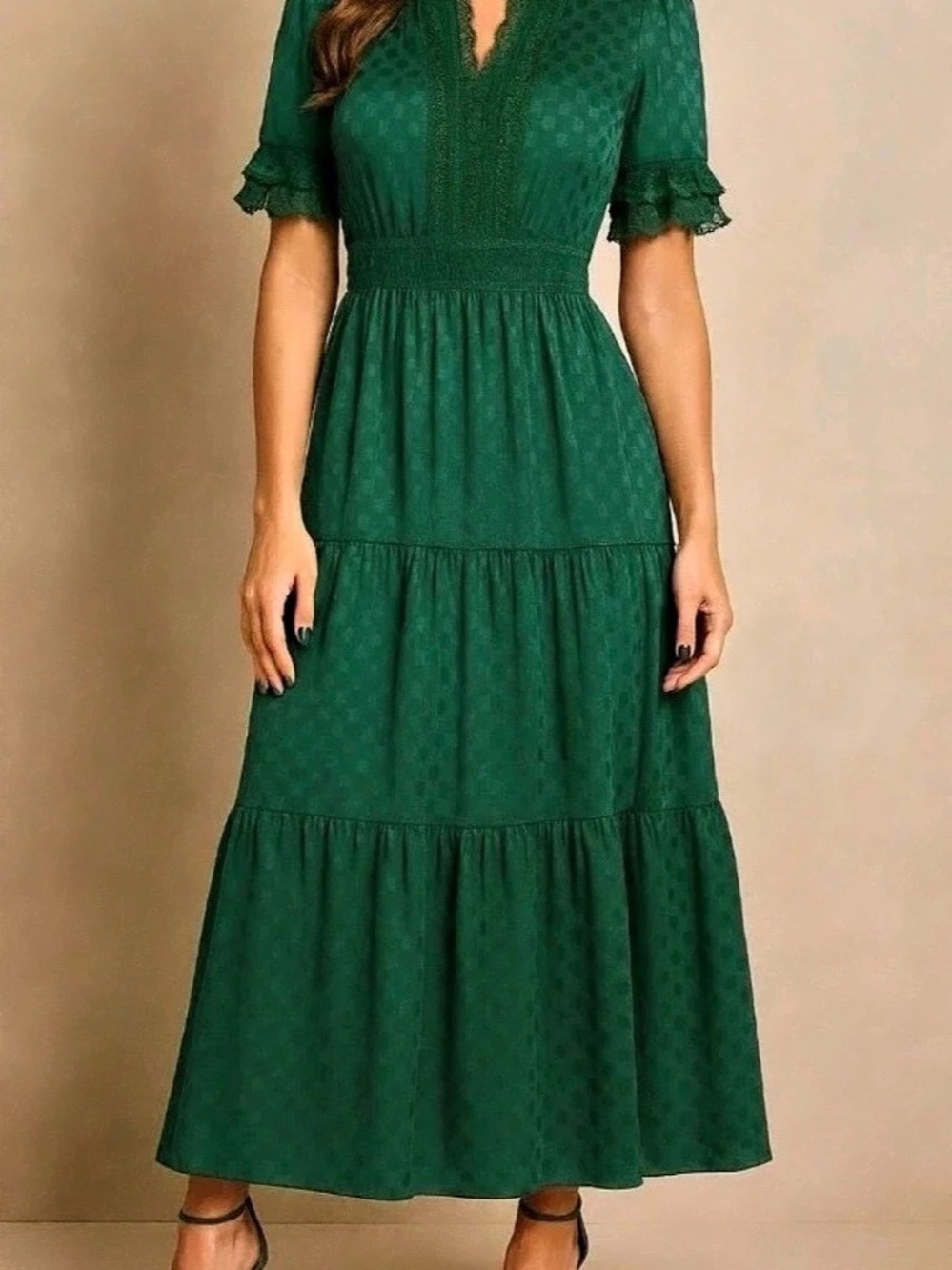 Max Studio Polka Dot Lace Trim Maxi Dress in Dark Green Size Large Like New